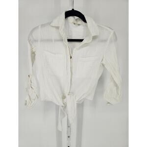 Sim  & Sam Women's White Half Sleeve Collared Front Pocket Button Down Size S